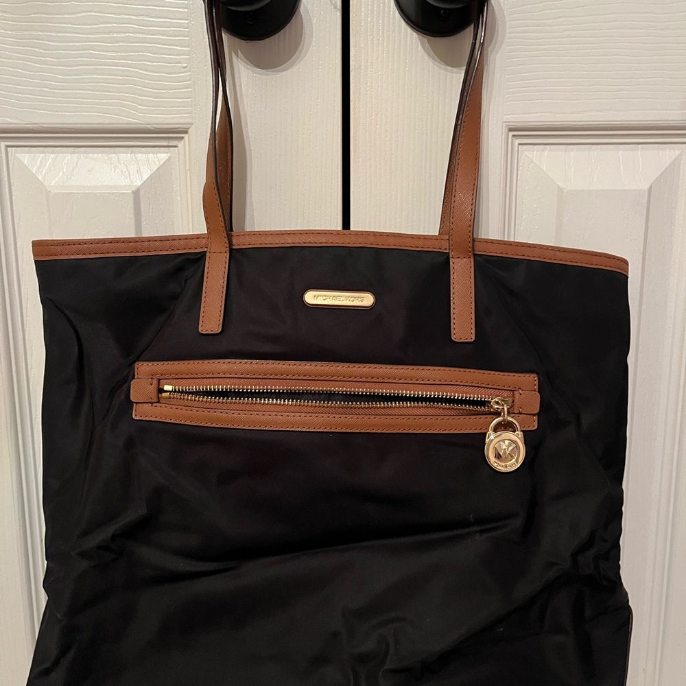 Michael Kors Black and Brown Shoulder Bag with Gold Hardware